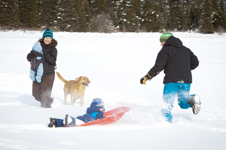 Family at play on the slopes of a snowy hill.